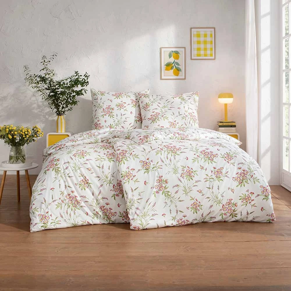 Pościel Noelia | Kwiatowy wzór w odcieniach magenta i zieleni | Letni ogród