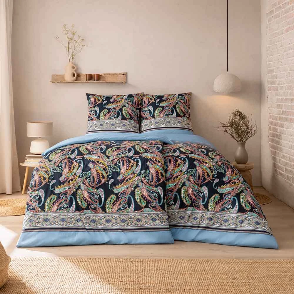 Pościel Siena | Wzór paisley w indigo z zielonym i różowym | Orientalny design